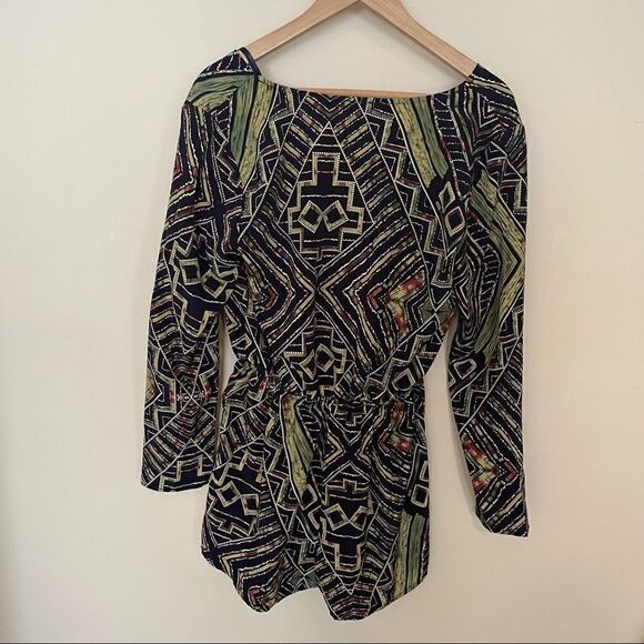 One clothing medium navy and green batik print romper with V neckline skort - Picture 4 of 6